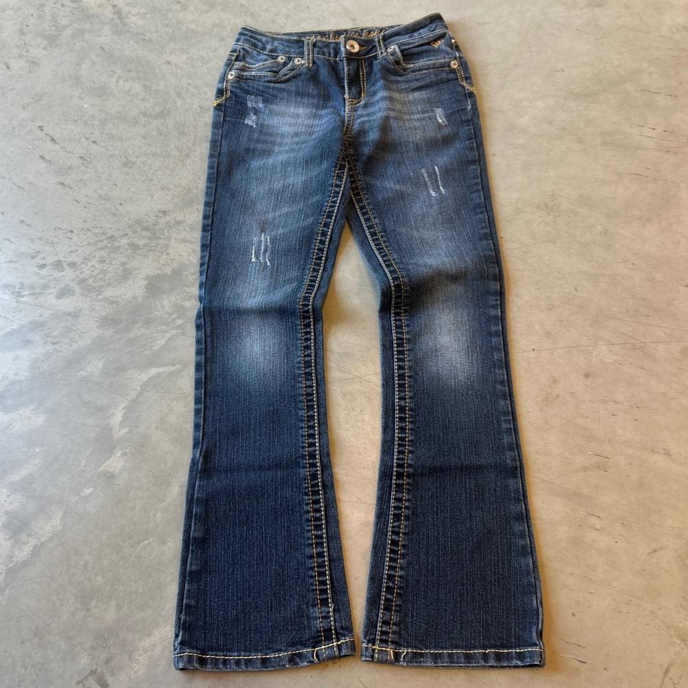 Justice Jeans Mens Dark Wash Distressed Bootcut Denim Rhinestone Pockets 24x27 - Picture 3 of 8